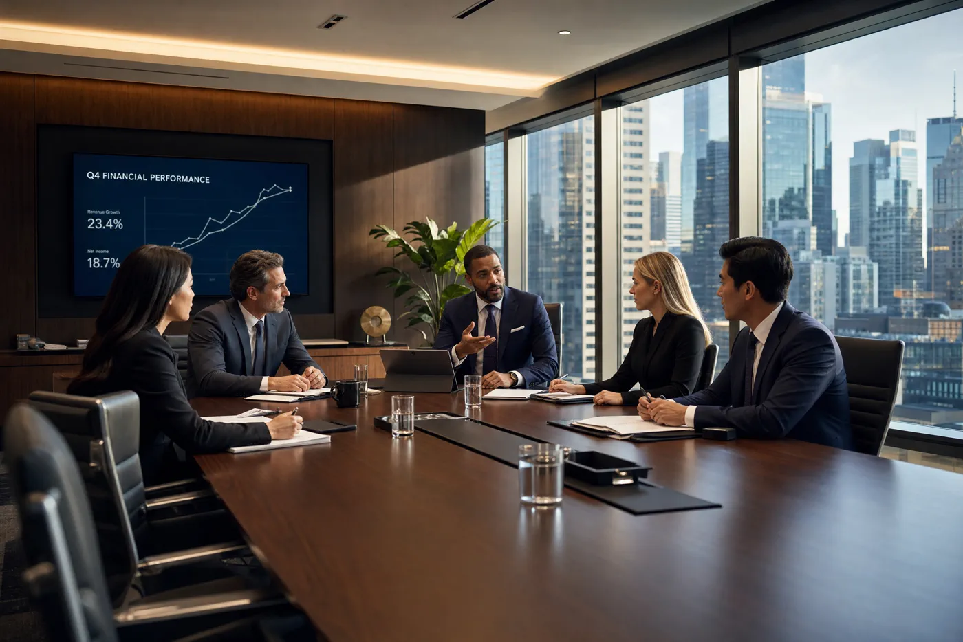 Profesionales en una reunión corporativa internacional.