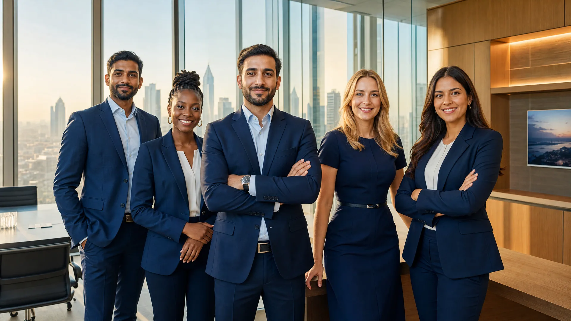 Equipo profesional internacional diverso en un entorno corporativo moderno.